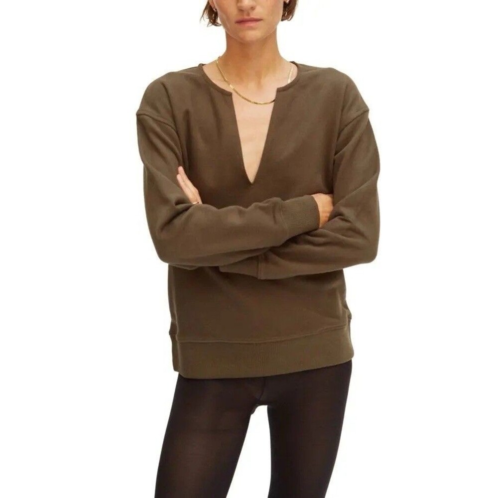 Thakoon Small Deep V Sweatshirt Cotton Dark Olive Pullover Boutique Top NWT